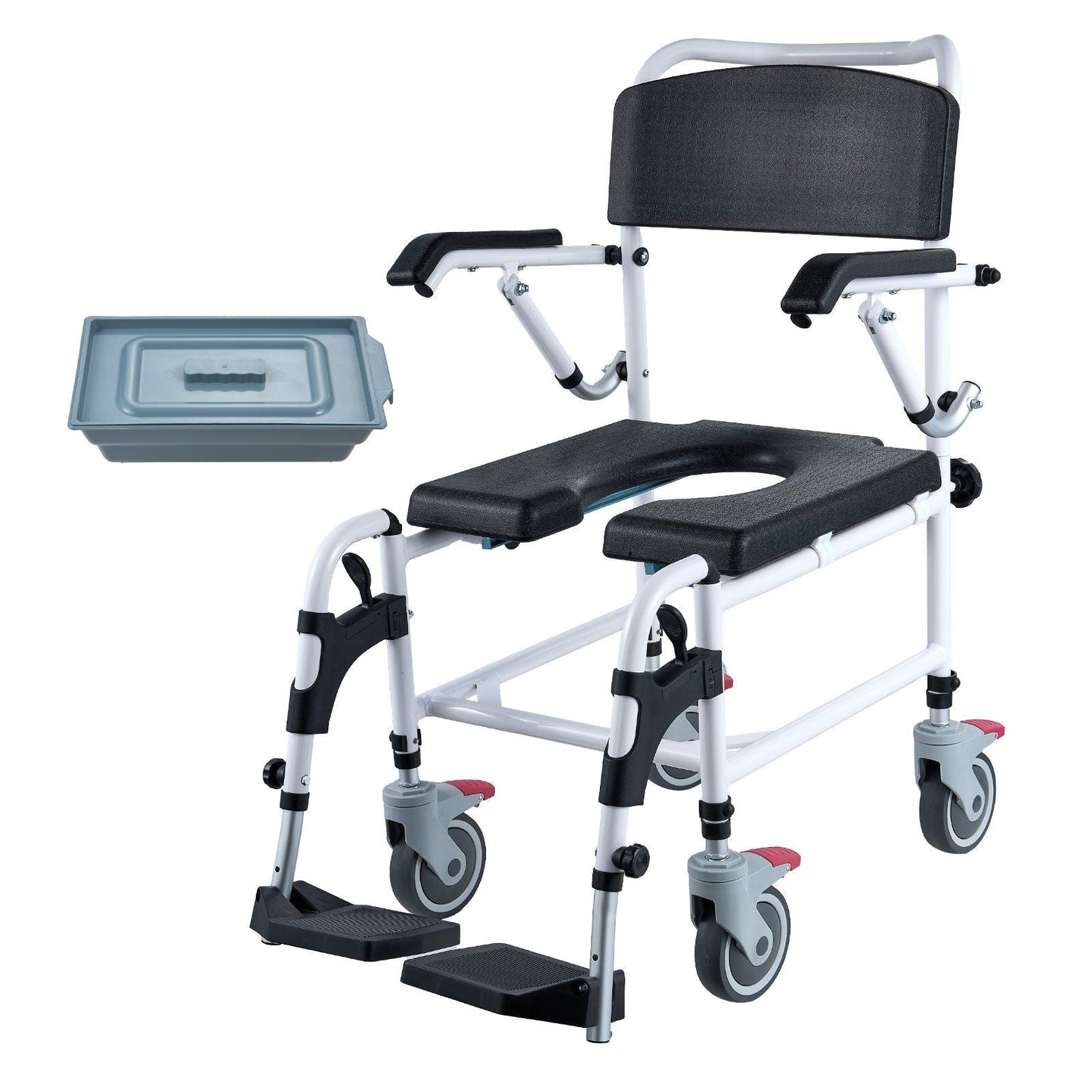 Shower commode wheelchair with padded armrests, footrests, bucket, and four lockable wheels