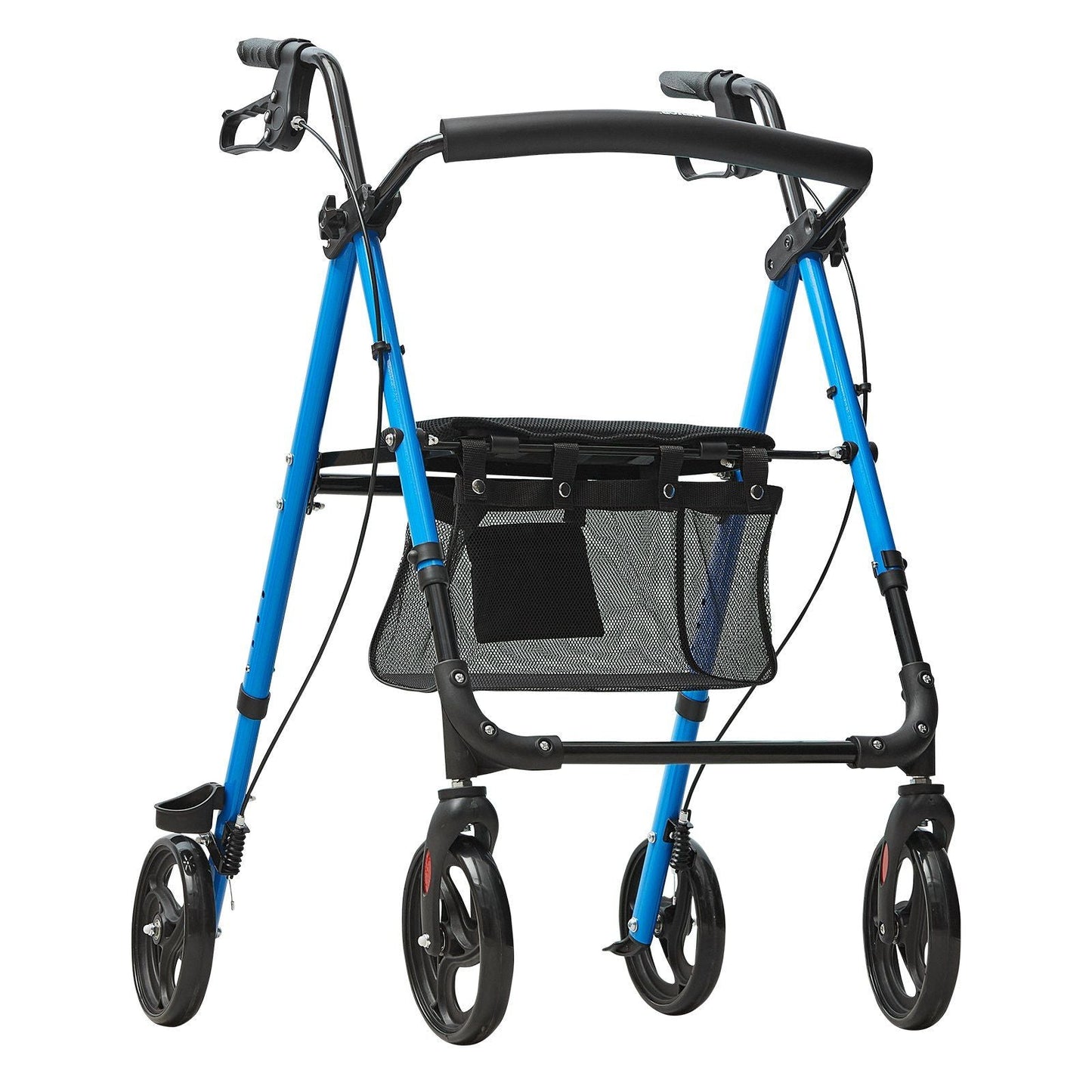 Blue lightweight aluminum foldable rolling walker for seniors with adjustable seat, handle, and 8" all-terrain wheels.