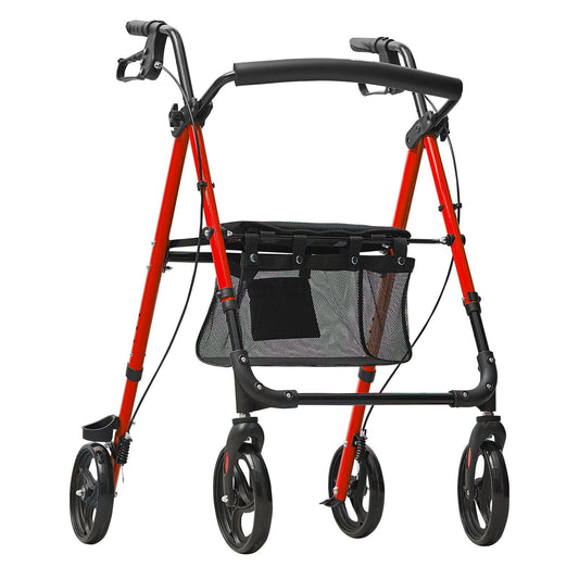 Red lightweight aluminum rollator walker for seniors with adjustable seat, 8" wheels, and storage basket