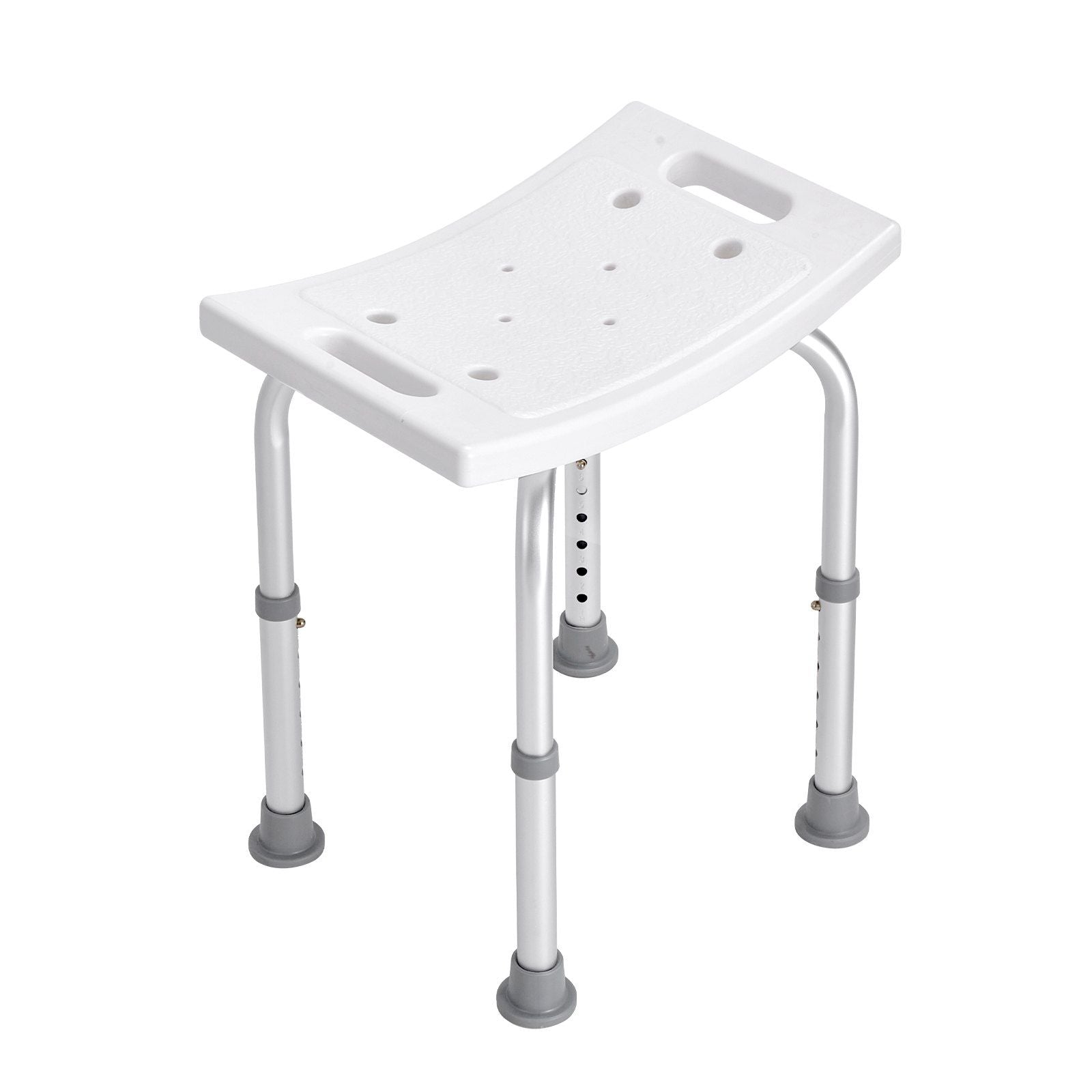 White shower bench with adjustable legs on a white background