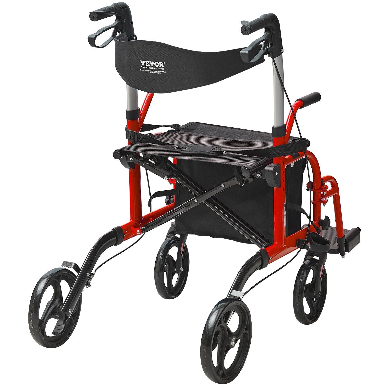Red 2-in-1 rollator/transport chair with padded seat, folding frame, armrests & footrests