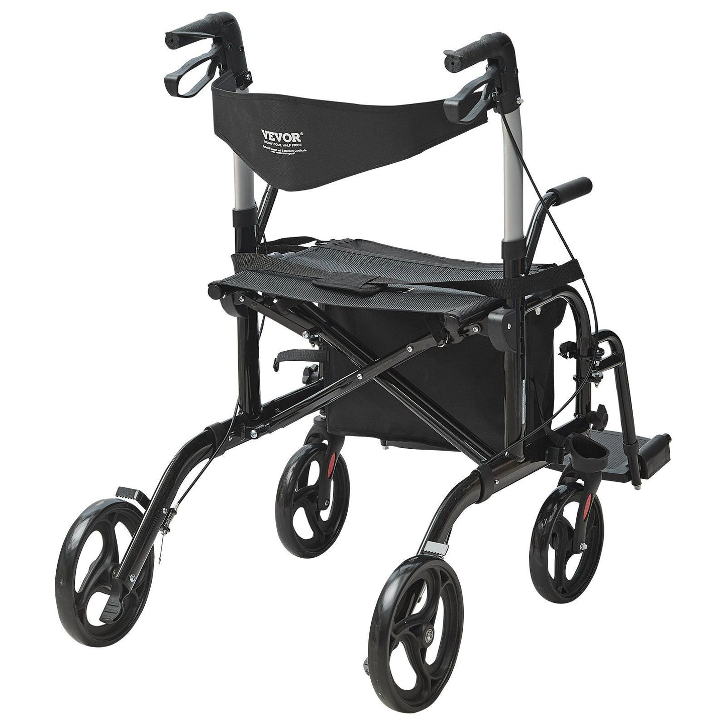 Black 2-in-1 rollator/transport chair with padded seat, folding frame, armrests, caster wheels