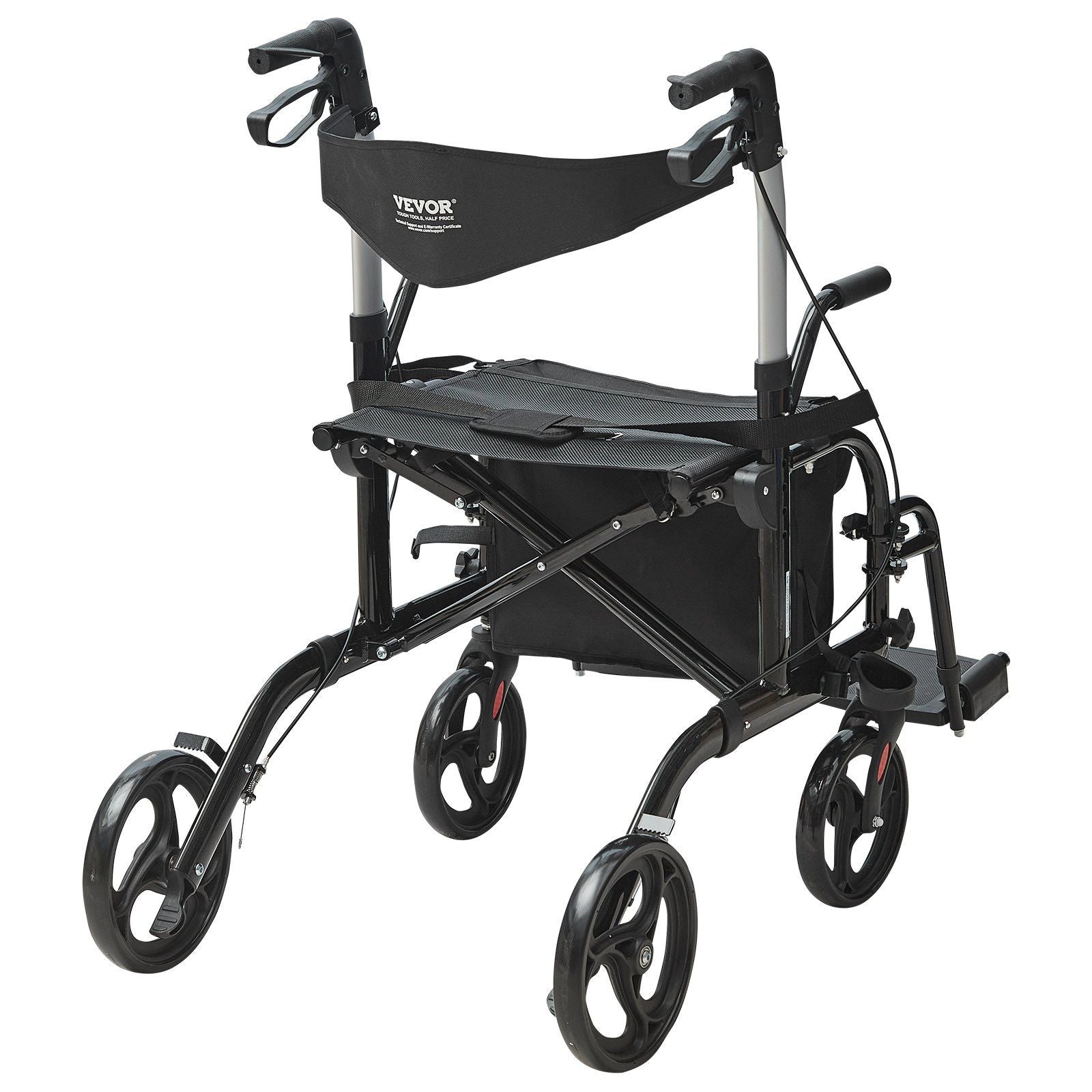 Black 2-in-1 rollator/transport chair with padded seat, folding frame, armrests, caster wheels