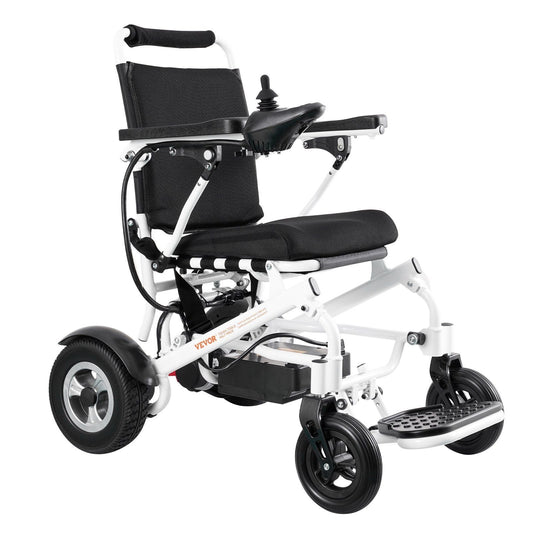 Black electric power wheelchair, 17 in seat, unadjustable backrest, foldable frame