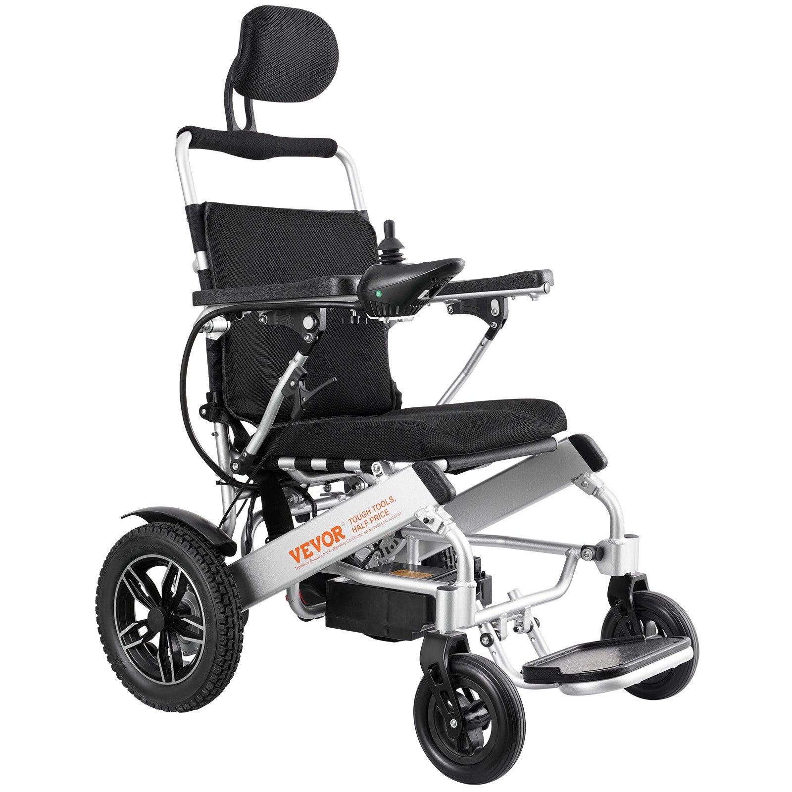 Folding electric power wheelchair, black seat, 20 in width, adjustable backrest, armrests