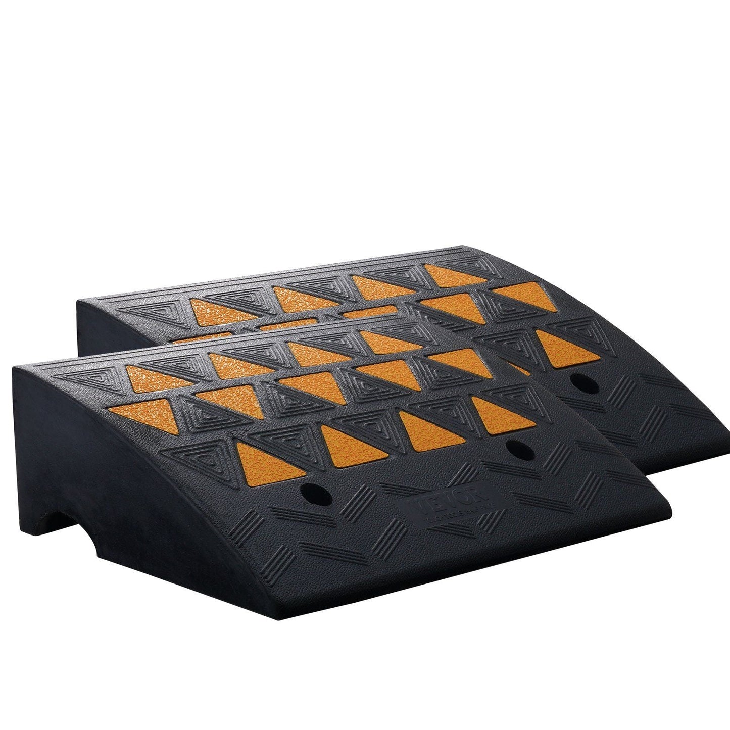 Rubber curb ramp set of 2, black with orange traction grid tread, 6 in rise