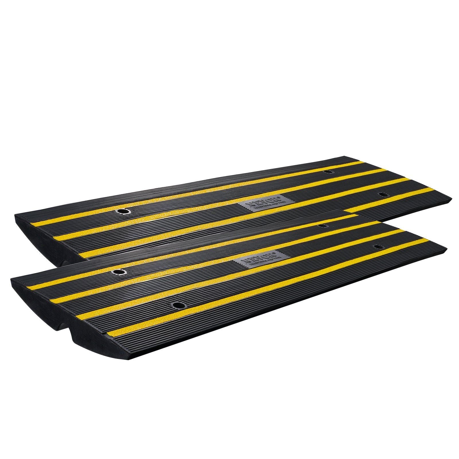 Two-pack rubber curb ramp with yellow-striped traction for wheels and wheelchairs