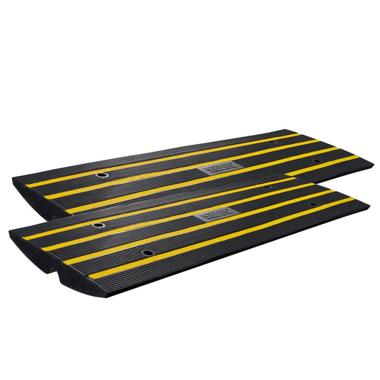 Two-pack rubber curb ramp with yellow-striped traction for wheels and wheelchairs