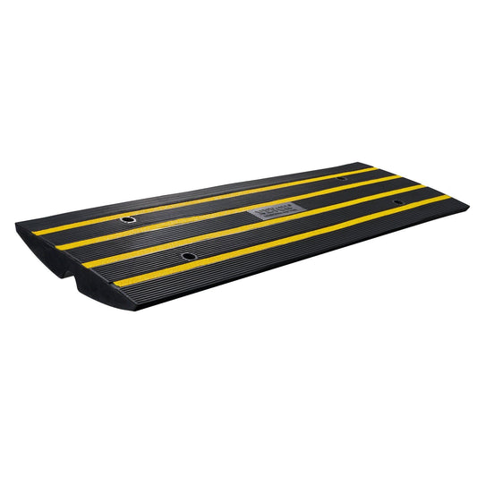 Black rubber curb ramp with yellow striping, beveled edge and ridged surface