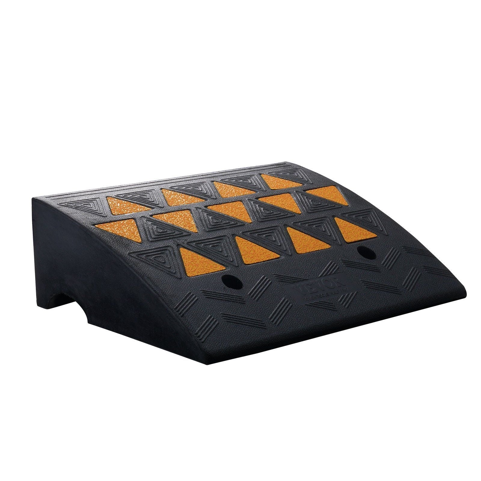 6 in rubber curb ramp, black with orange grip pads and circular wheel channels