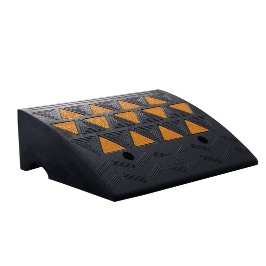 6 in rubber curb ramp, black with orange grip pads and circular wheel channels