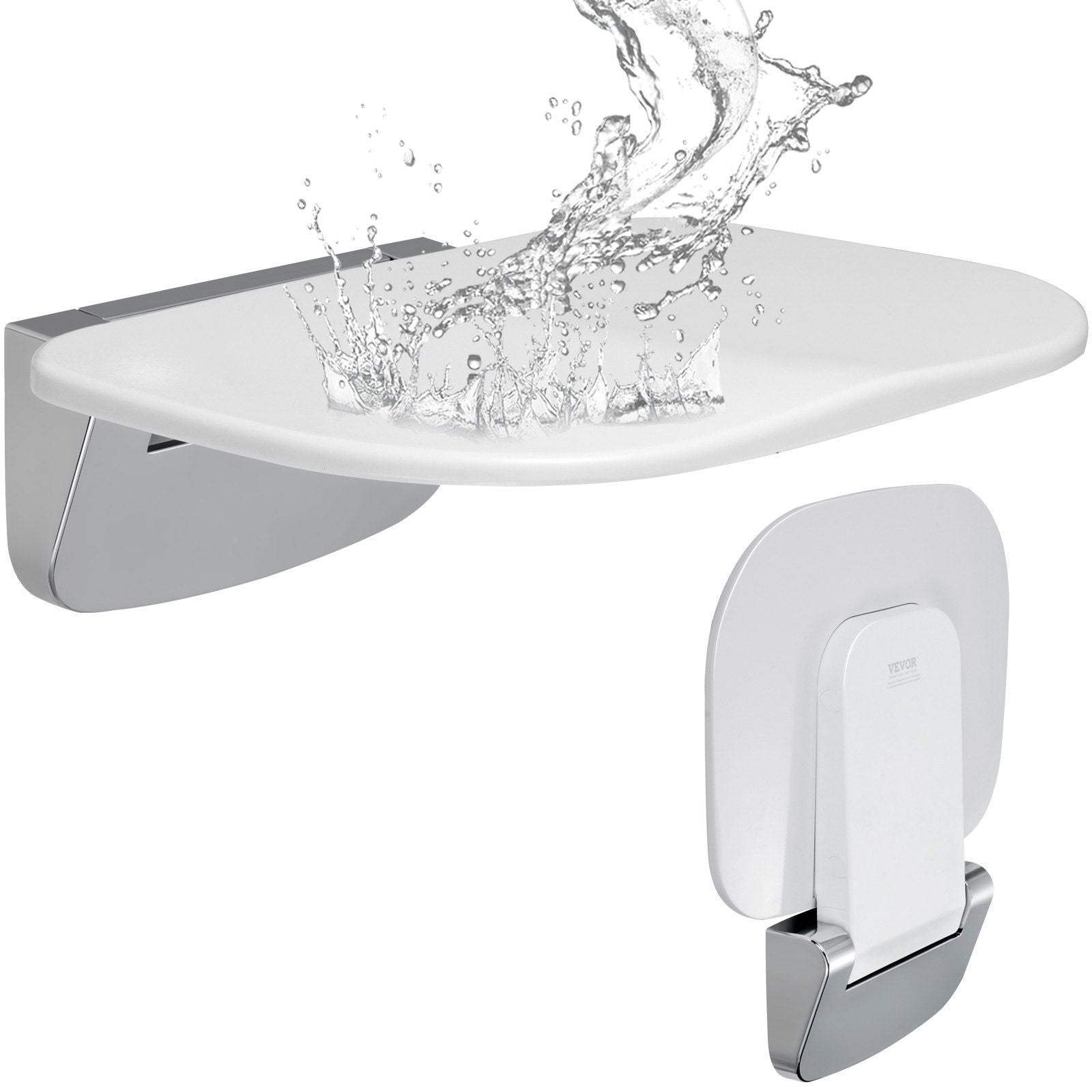 Chrome wall-mounted shower fixture with water splashing onto it on a white background