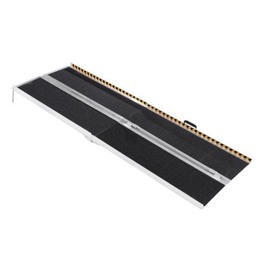 Portable aluminum wheelchair ramp with black non-slip surface, foldable hinges, edge stripe
