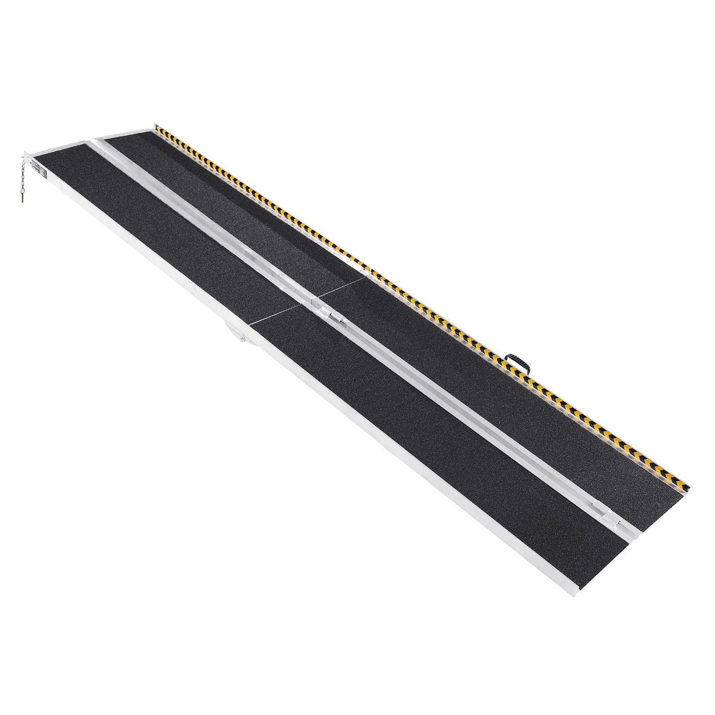 Portable non-slip wheelchair ramp with black tread and yellow edge stripes