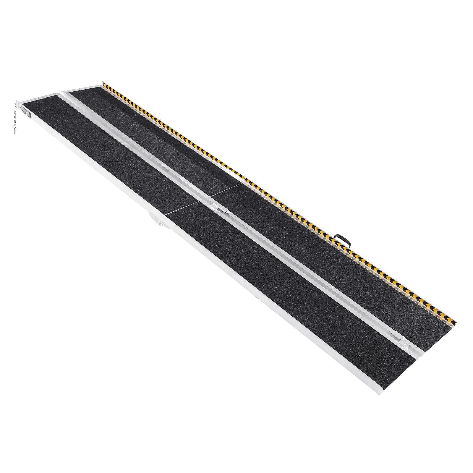 Portable non-slip wheelchair ramp with black tread and yellow edge stripes