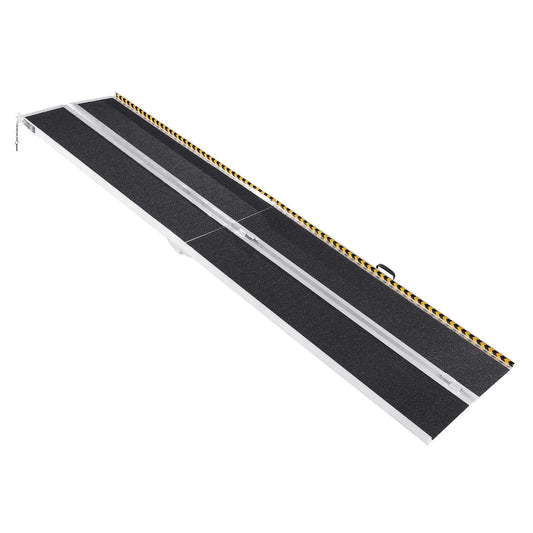 Portable non-slip wheelchair ramp with black tread and yellow edge stripes