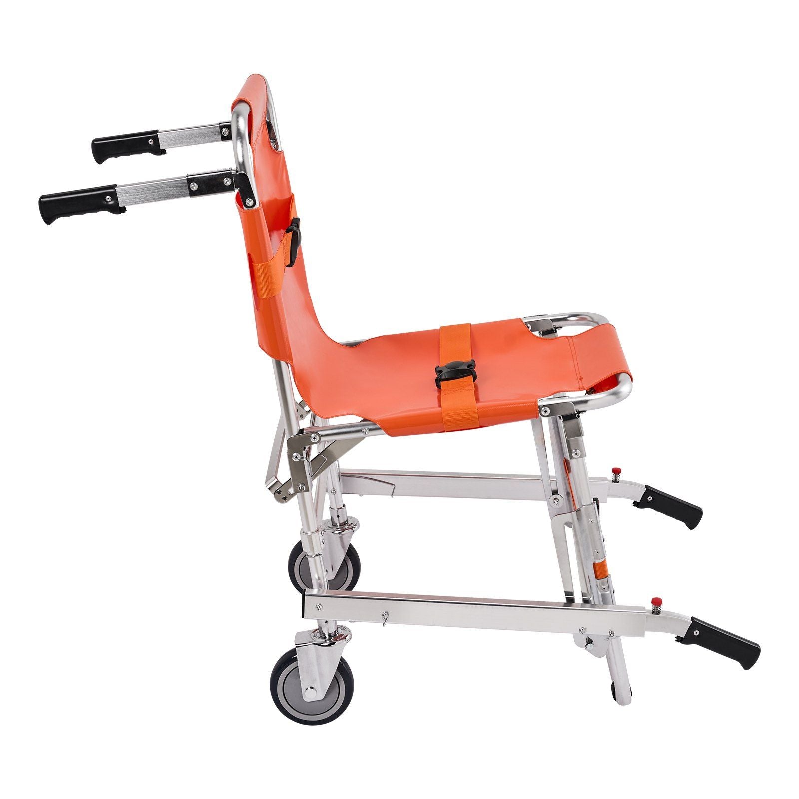 Orange foldable stair climbing chair with metal frame, two wheels, and side hand grips