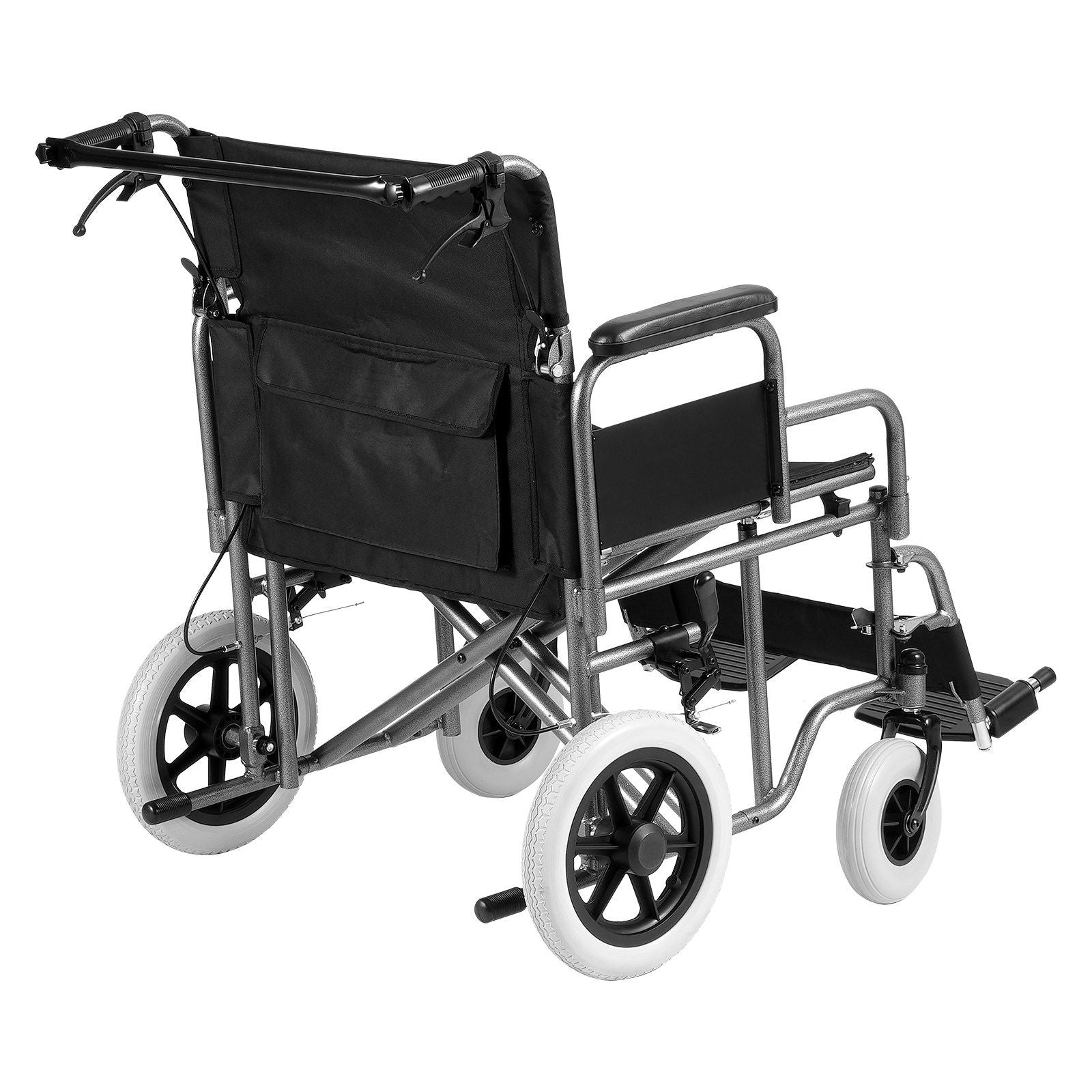Foldable black steel transport wheelchair with armrests and footrests, 24 in seat