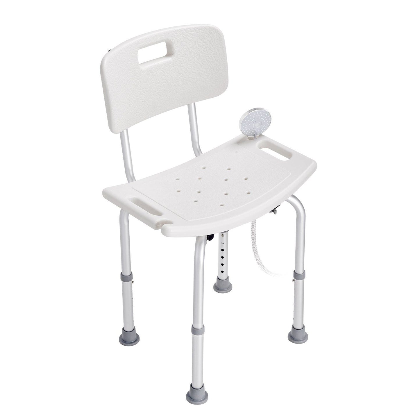 White adjustable shower chair with backrest on a white background