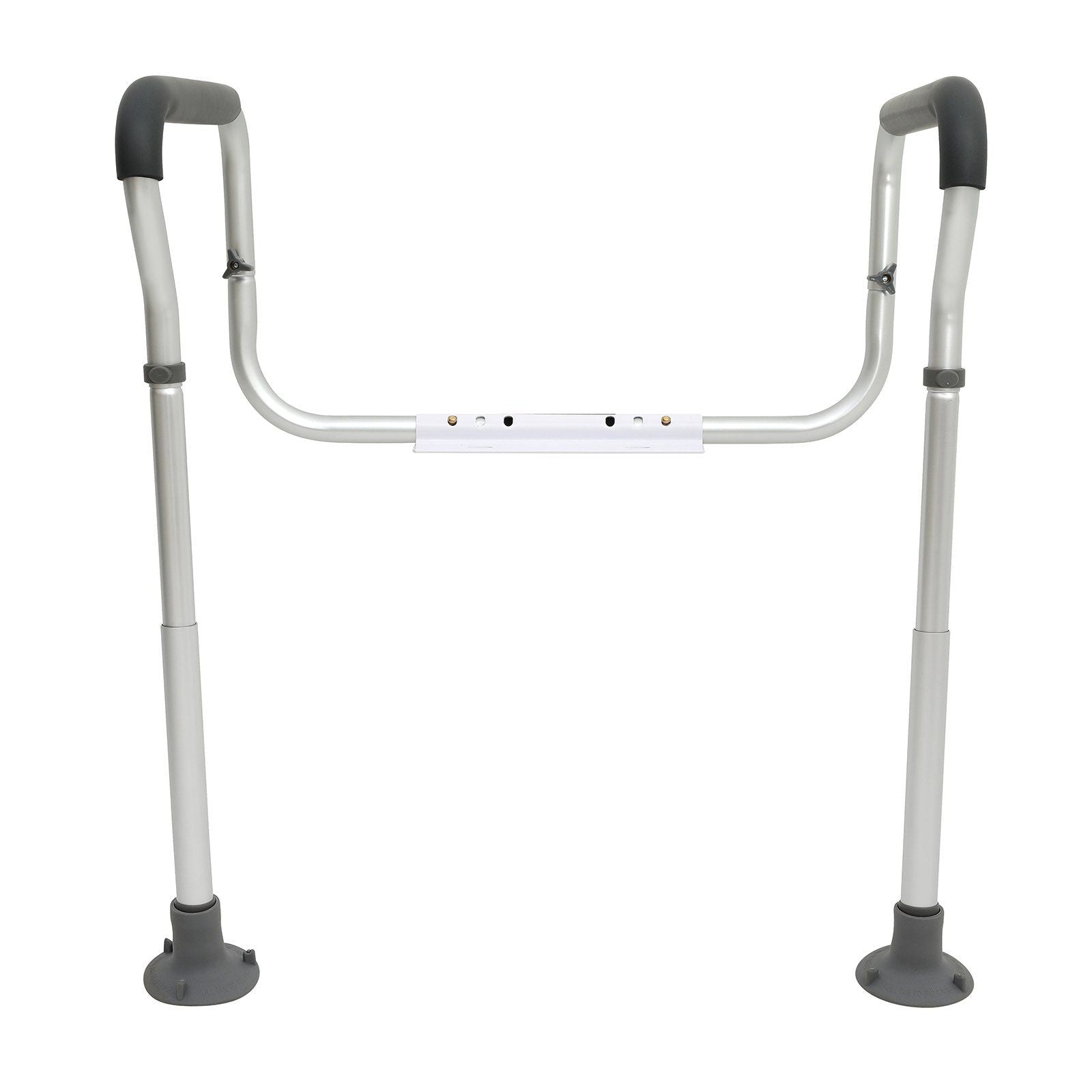 Toilet safety rail with padded grab handles and adjustable-height metal supports, dark gray pads