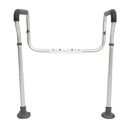 Toilet safety rail with padded grab handles and adjustable-height metal supports, dark gray pads