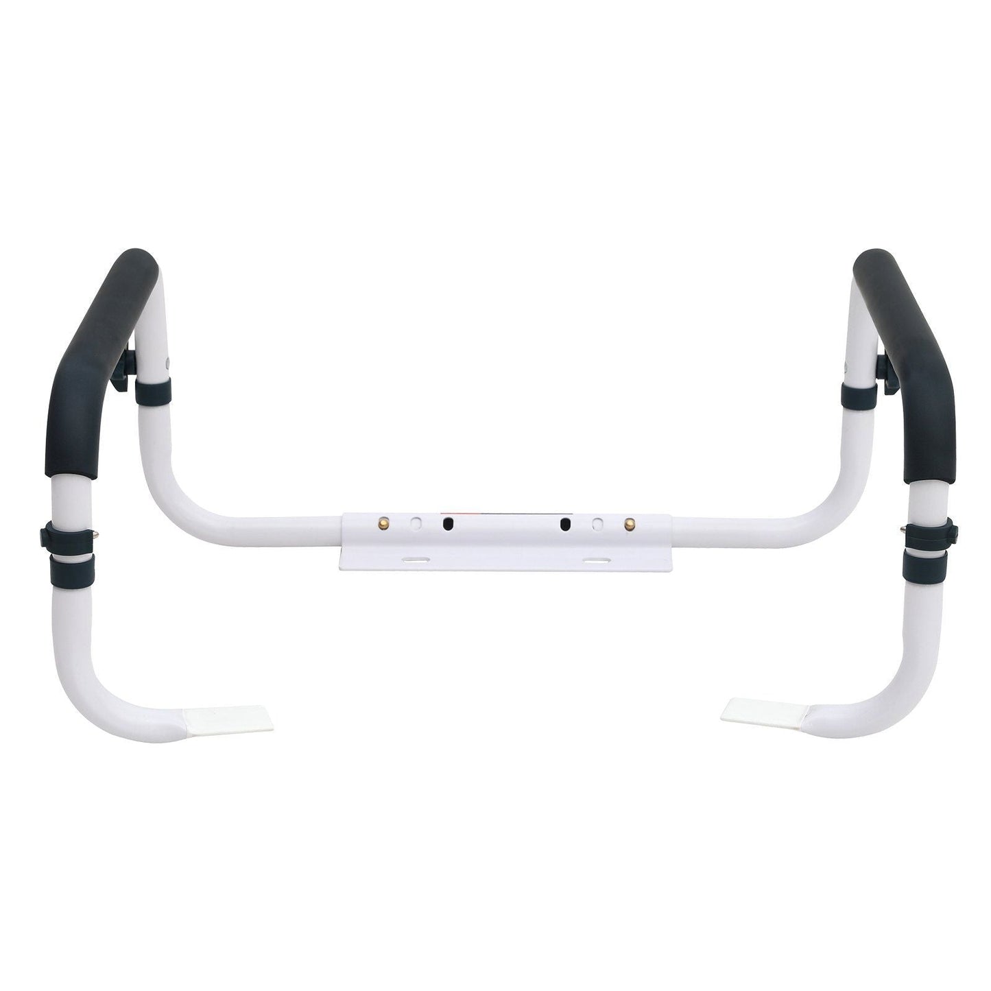 Adjustable toilet safety rail with padded armrests and grab handles, white and dark grips