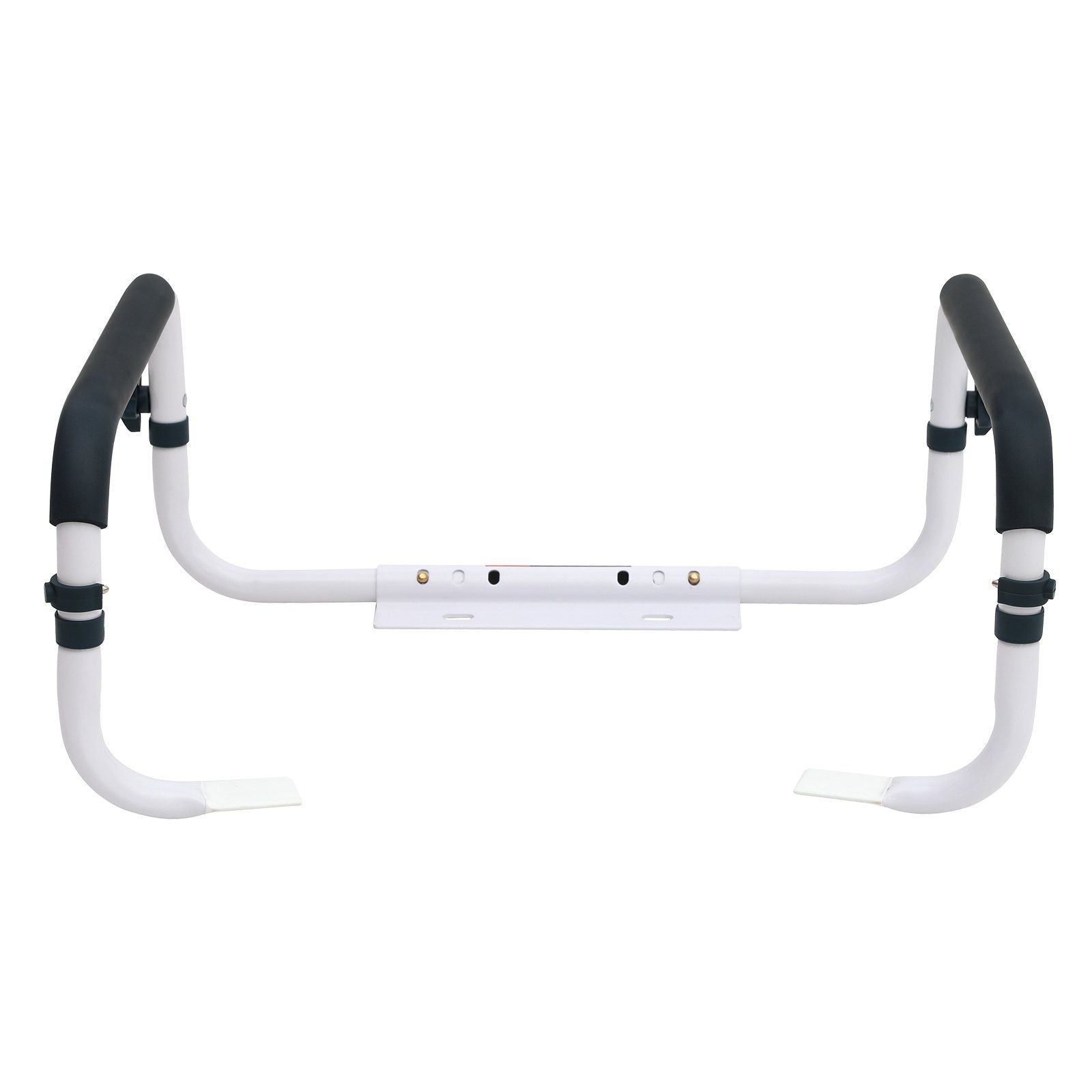 Adjustable toilet safety rail with padded armrests and grab handles, white and dark grips
