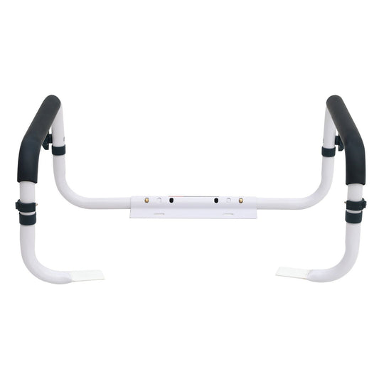 Adjustable toilet safety rail with padded armrests and grab handles, white and dark grips