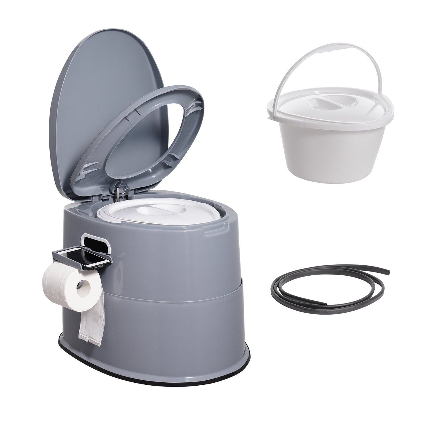 Portable camping commode toilet in gray with dual lids, detachable bucket, and paper holder