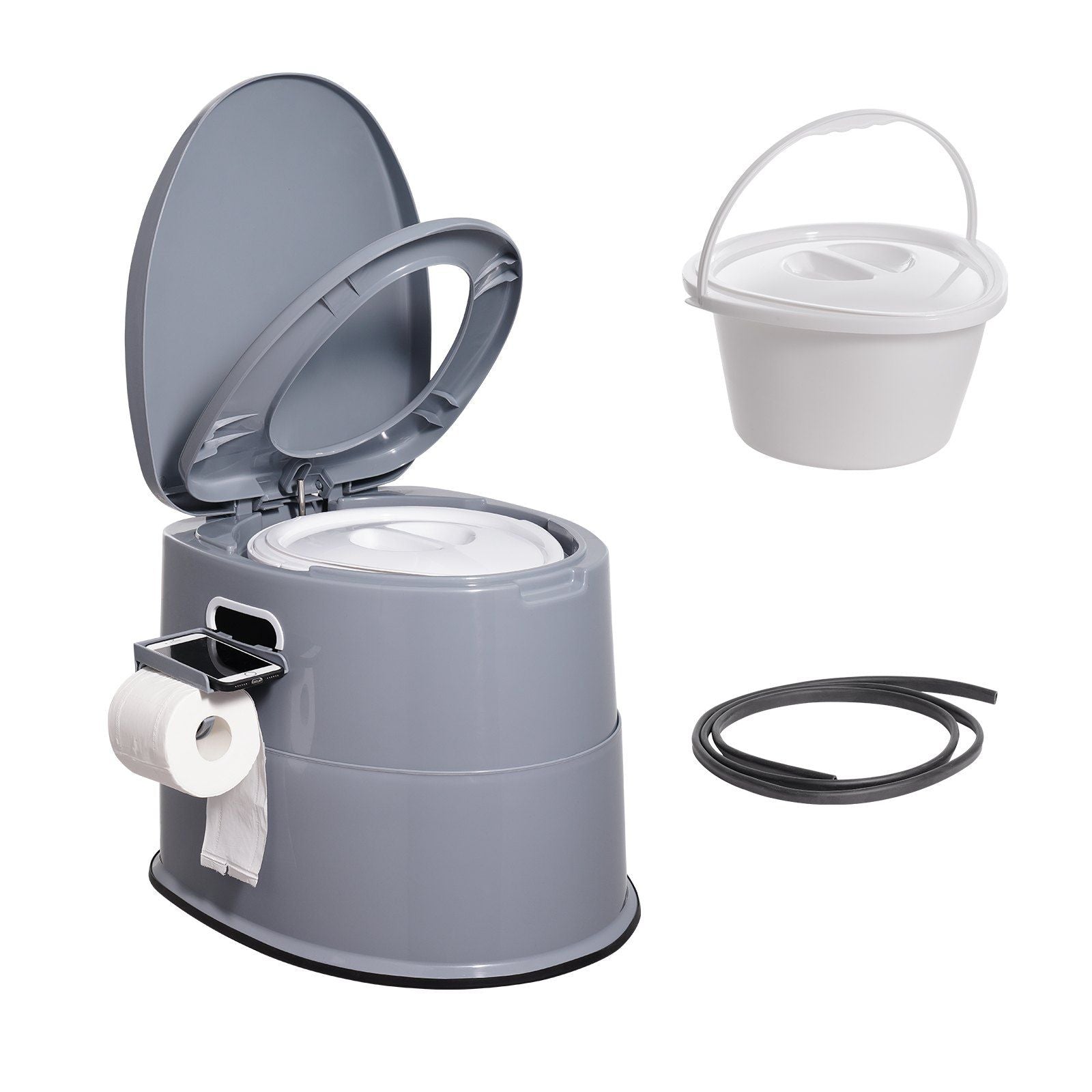 Portable camping commode toilet in gray with dual lids, detachable bucket, and paper holder