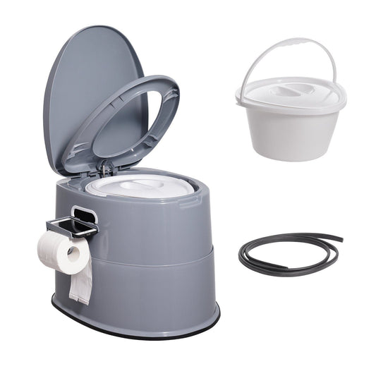 Portable camping commode toilet in gray with dual lids, detachable bucket, and paper holder
