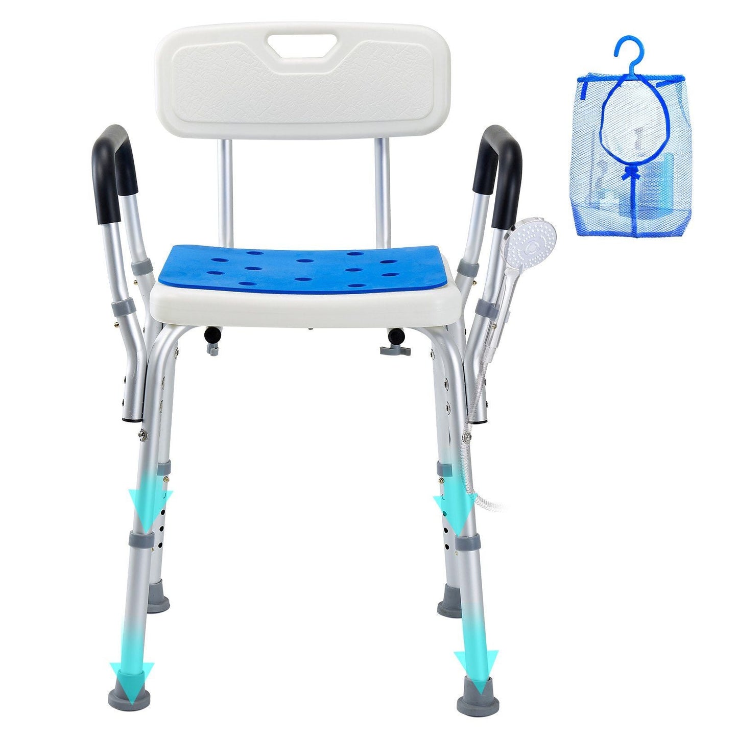 Mobility aid chair with blue seat and legs on a white background