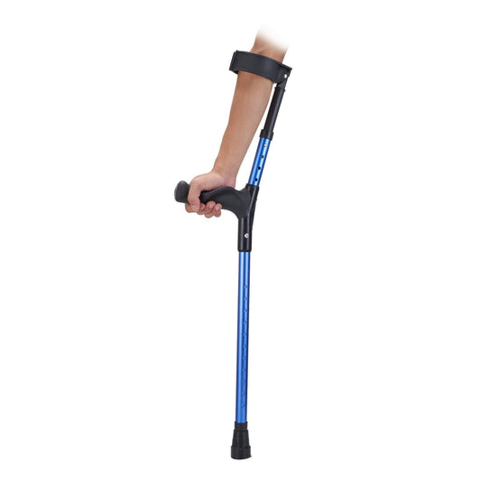 Aluminum forearm walking crutch with black cuff and blue adjustable-height shaft