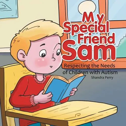 Paperback book with cartoon boy reading, cover text “My Special Friend Sam”
