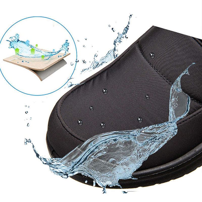 Women’s black ankle boot toe with water droplets on textured upper