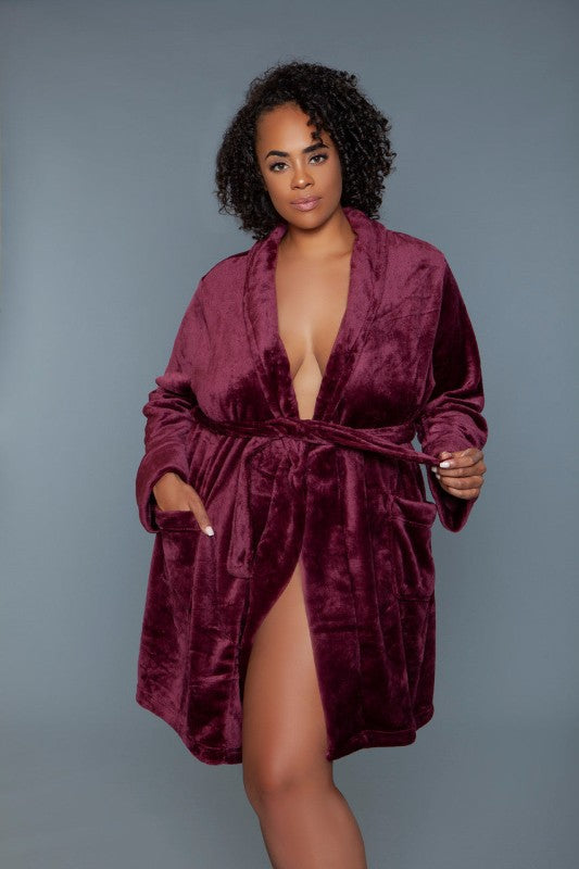 Burgundy plush hooded robe with wrap front and tie belt, front stance