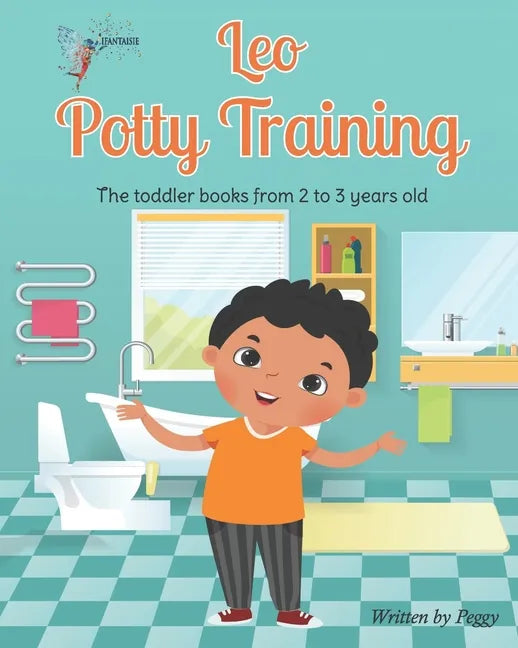 Leo potty training toddler book, paperback cover with smiling boy in bathroom scene