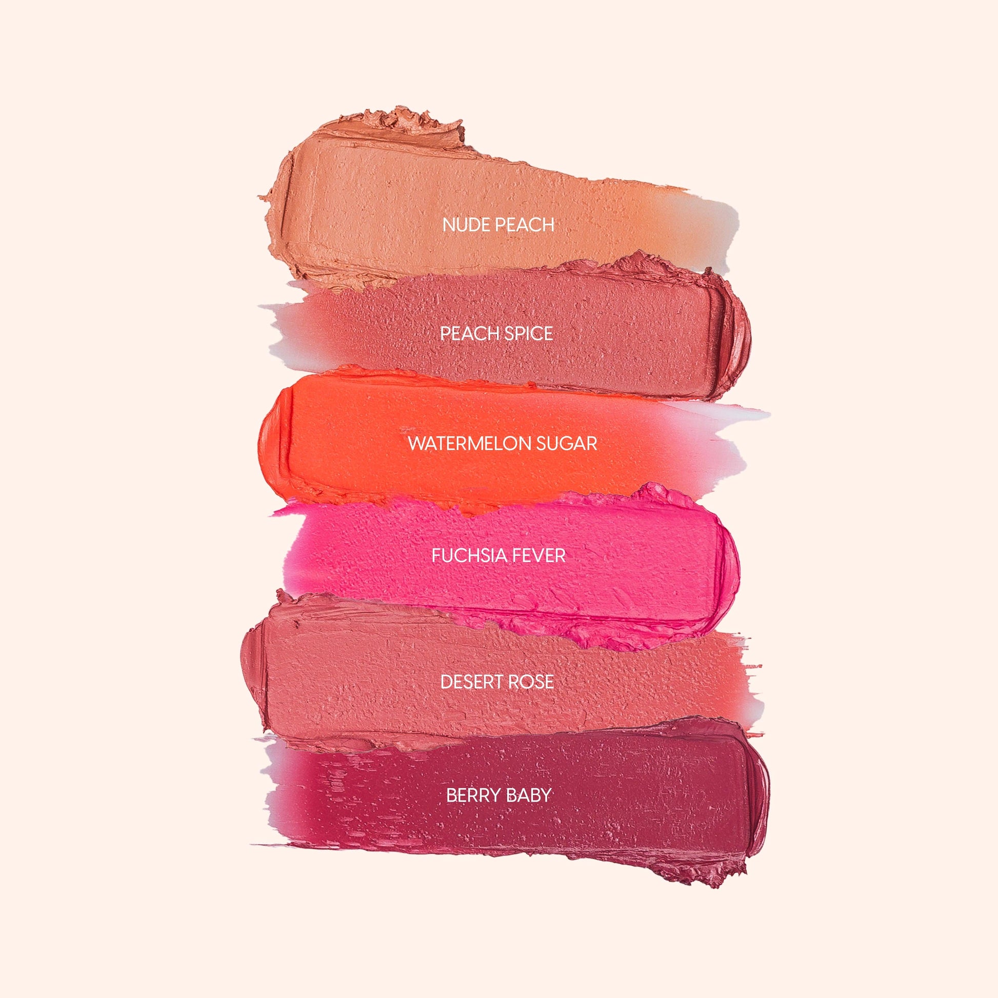 Cheek balm swatches: Nude Peach, Peach Spice, Watermelon Sugar, Fuchsia Fever