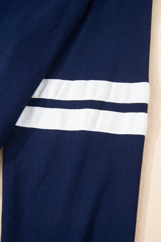 Navy pullover sleeve with two white horizontal stripes