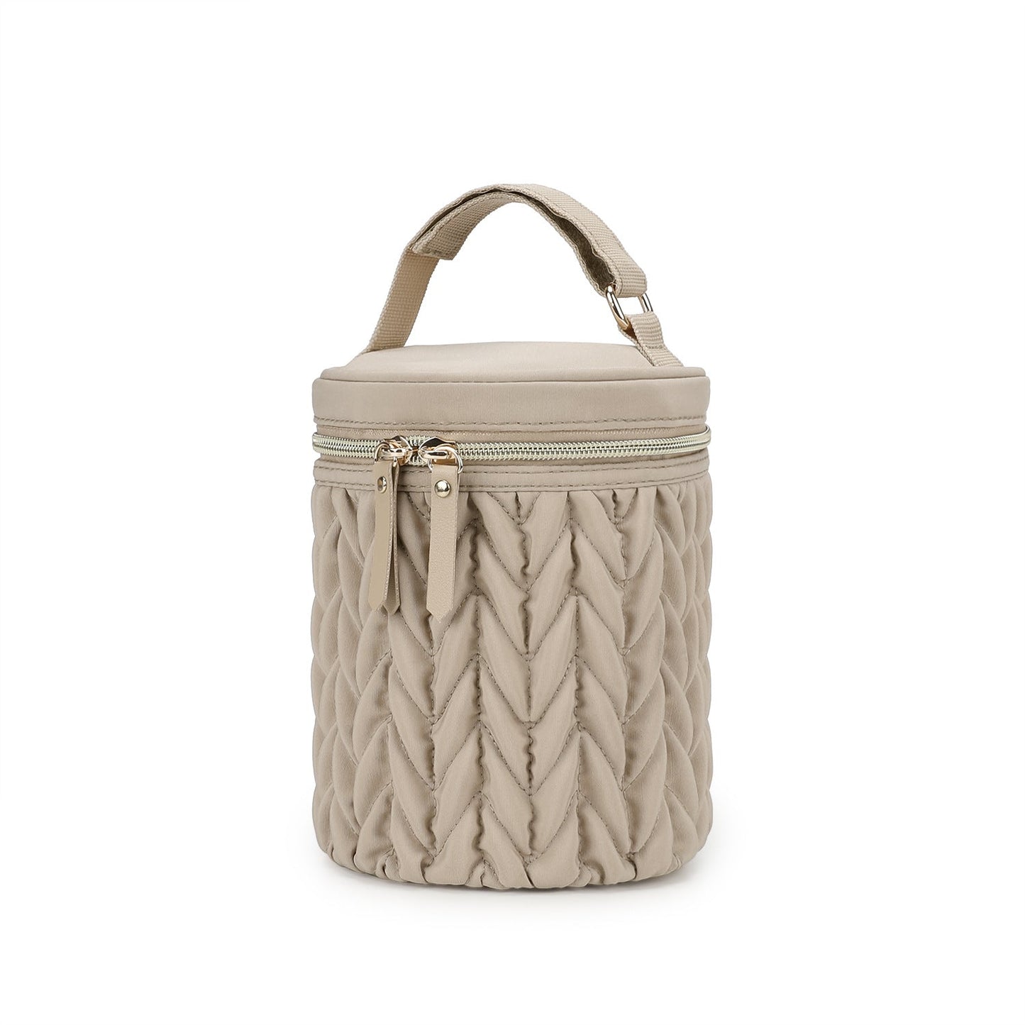 Khaki insulated baby bottle bag with carry handle, ruched fabric, and zipper top