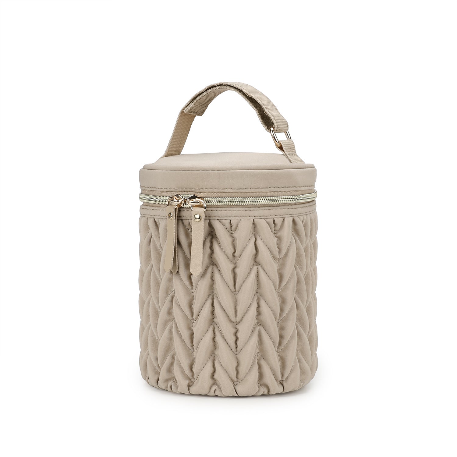 Khaki insulated baby bottle bag with carry handle, ruched fabric, and zipper top