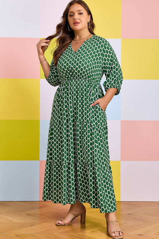 Green geometric-print PLUS casual dress with ruffle hem and V-neck