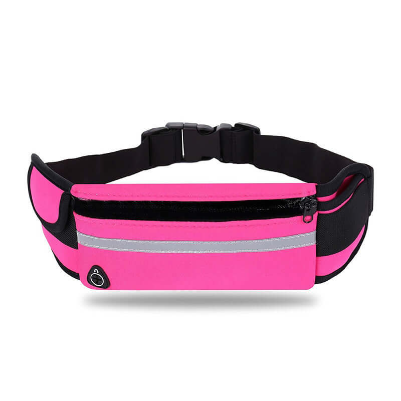 Pink waist belt fanny pack with reflective silver stripe and black zip pocket