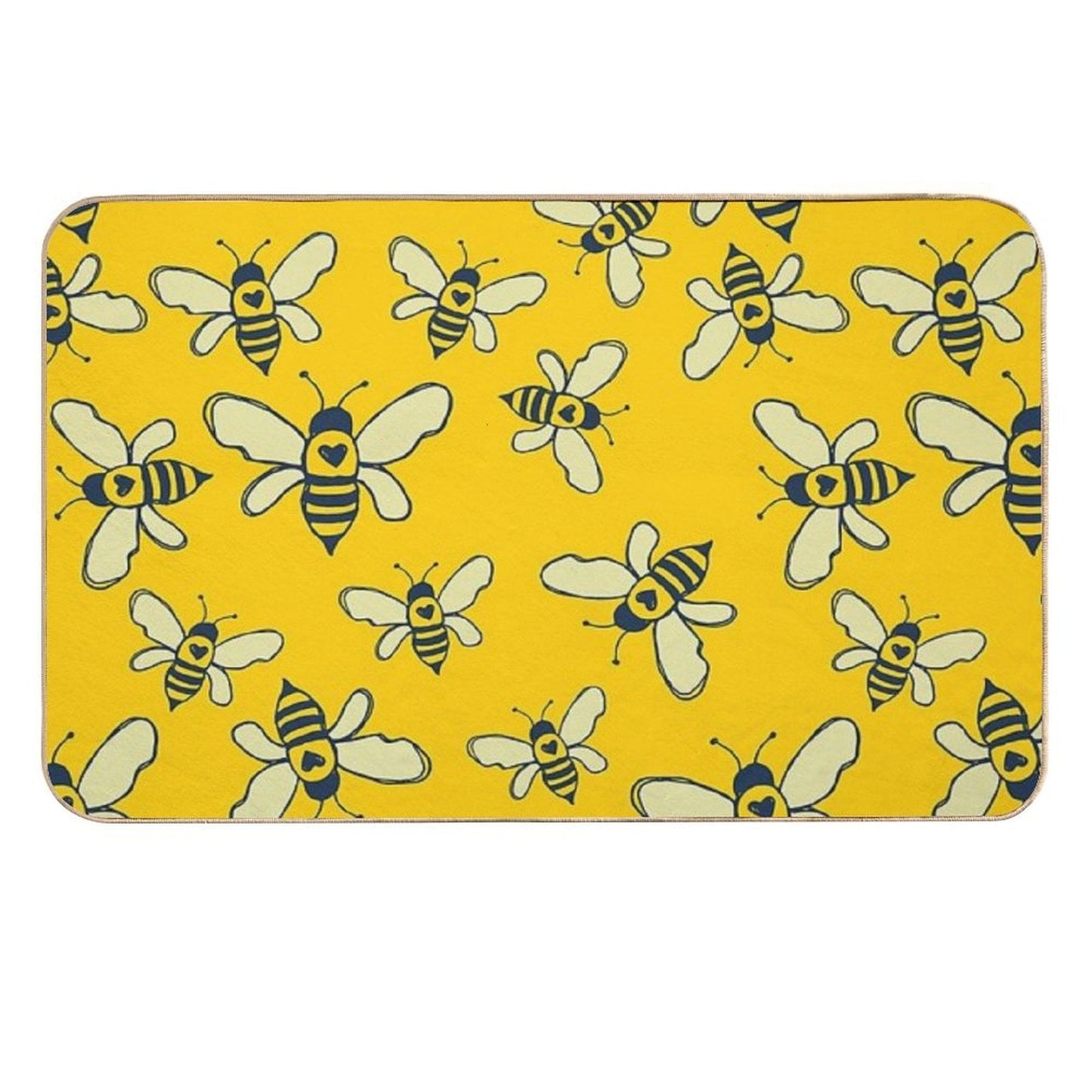 Rectangular yellow bath mat featuring a repeating pattern of navy and white bees