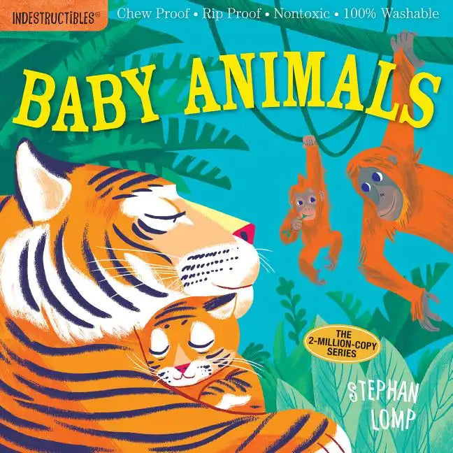 Baby animals chew-proof book cover with illustrated tiger and orange monkey
