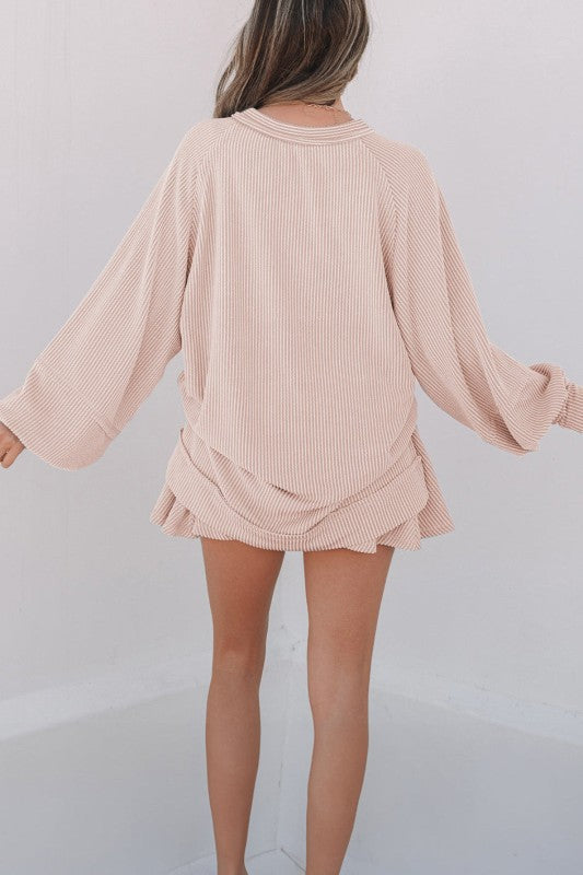 Striped corded top and ruffle mini skirt set, blush pink, back view
