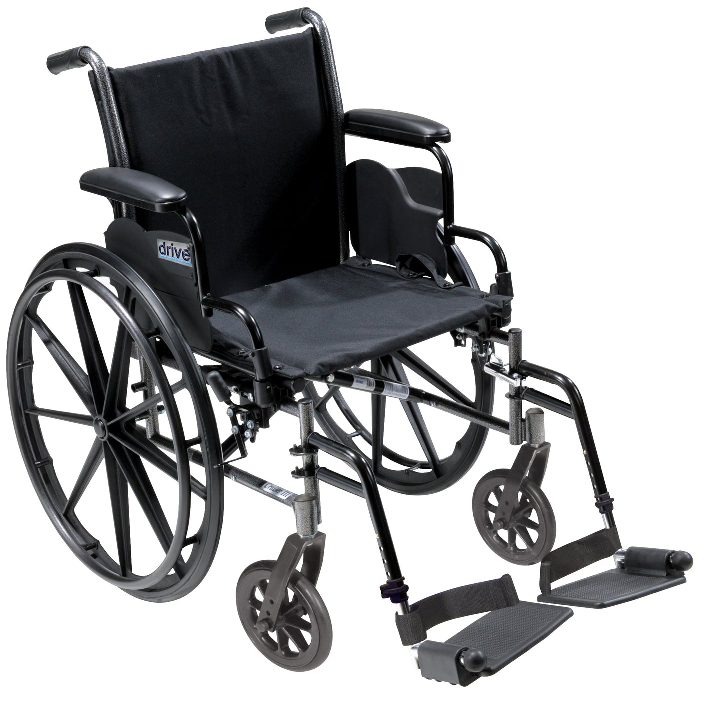Black lightweight wheelchair with desk arms, swing-away leg rests, large wheels
