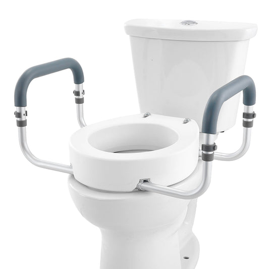 Raised toilet seat with gray padded armrests and curved aluminum handrails