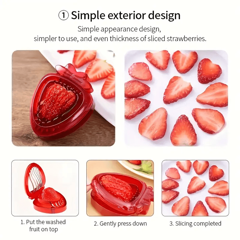 Red strawberry slicer with sliced strawberries on a cutting board and white surface.