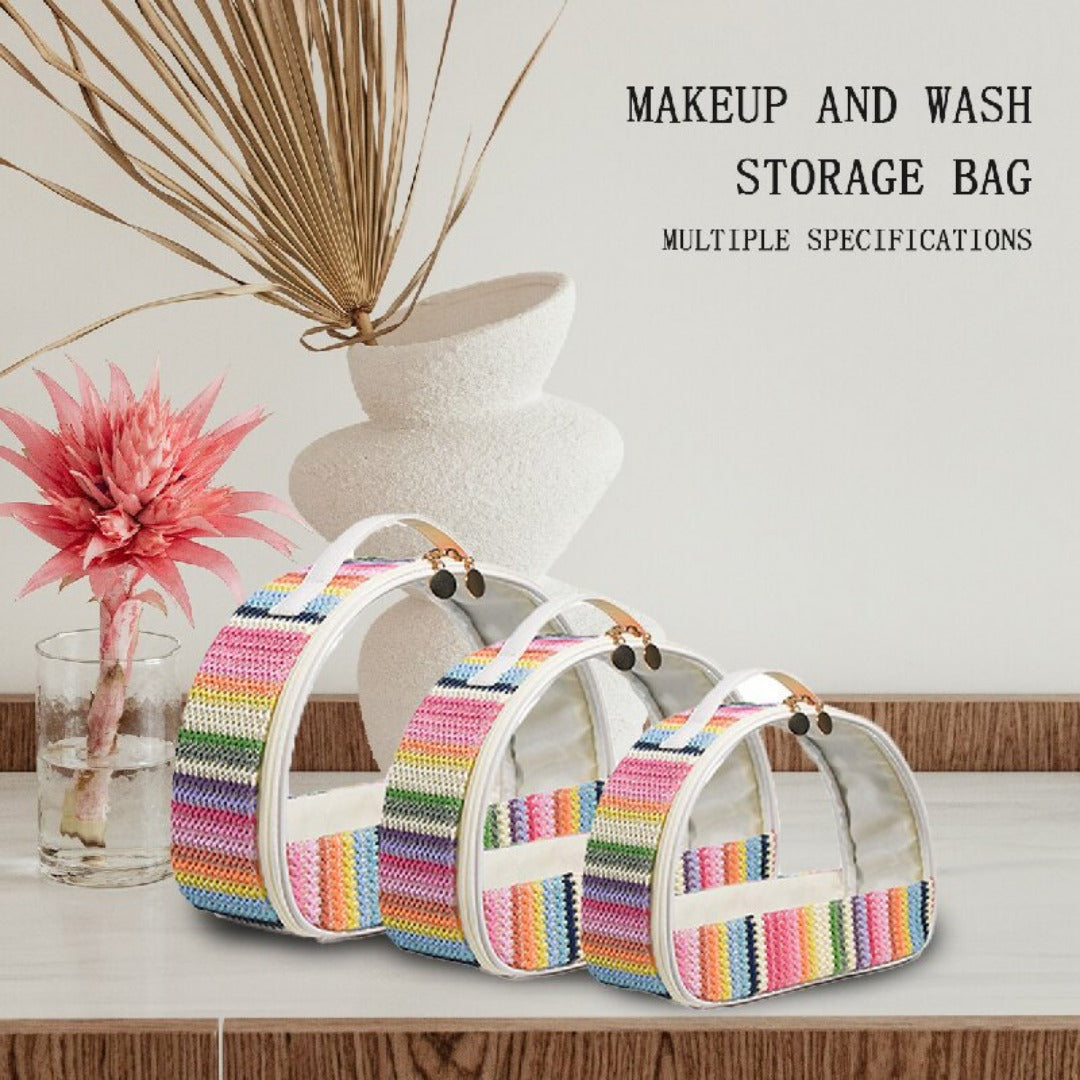 Set of rainbow striped semicircular clear storage bags with arched handles